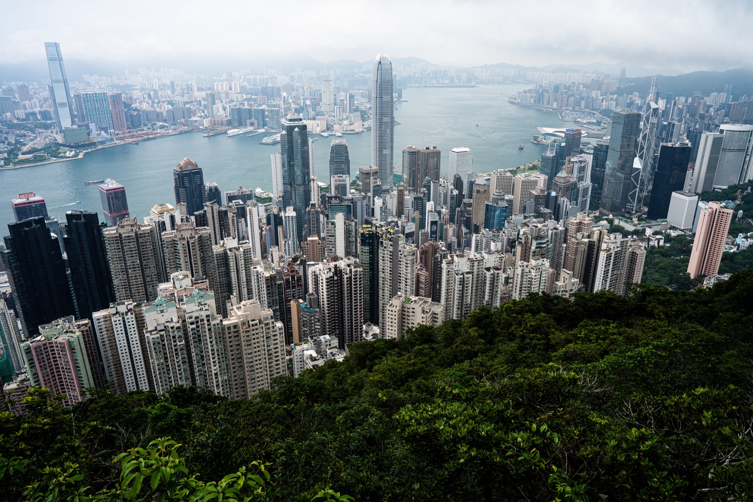 Wide view of Victoria Harbour from above Hong Kong